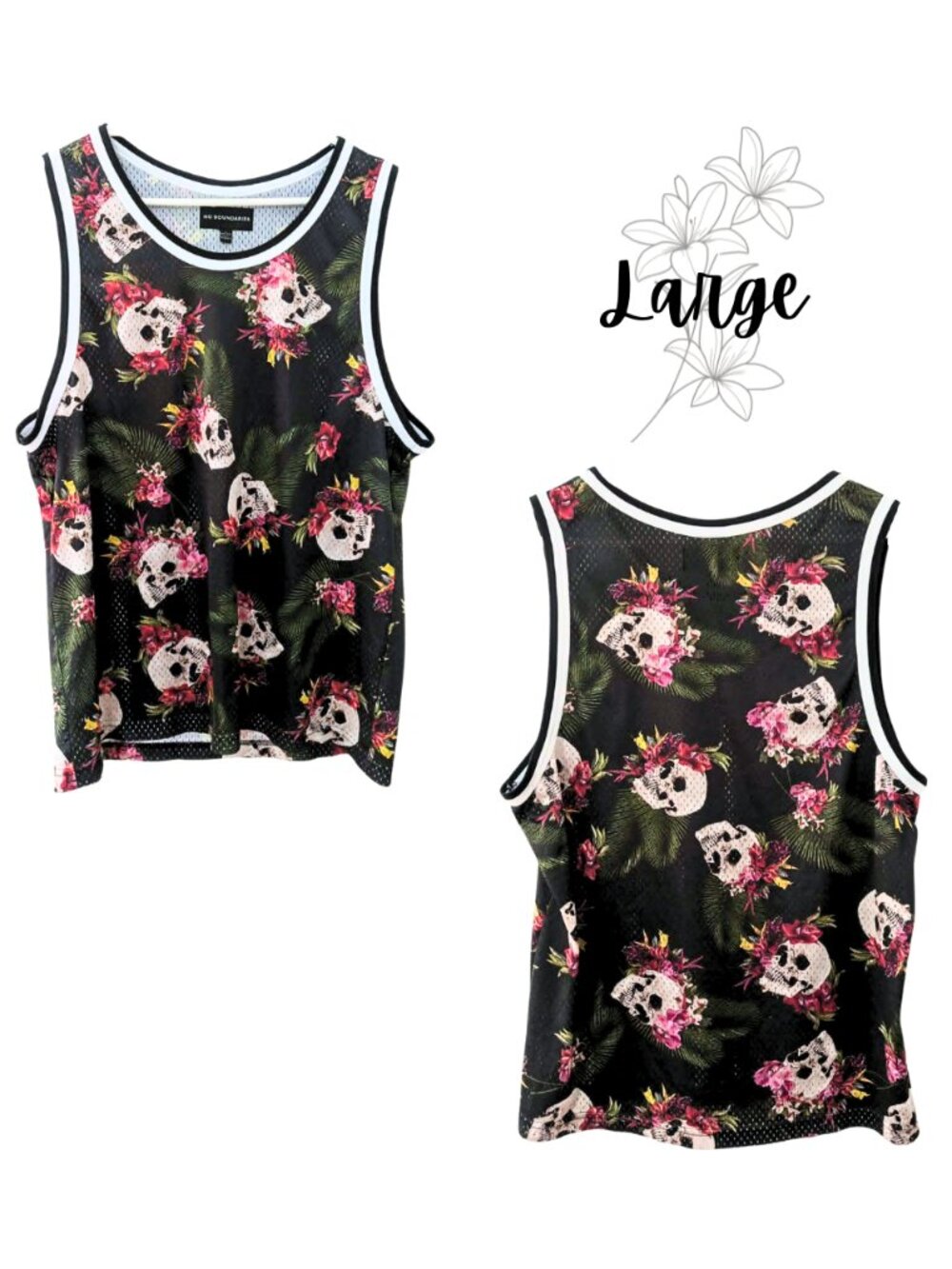 Streetwear Skull Floral Mesh Tank Top Large Men’s Goth Grunge Sleeveless Skater
